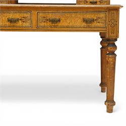 Late Victorian Aesthetic Movement scumbled and painted pine dressing table, arched swing mirror over four small trinket drawers, decorated with painted ebonised stringing and Aesthetic Movement motifs, rectangular top fitted with two drawers, on turned supports