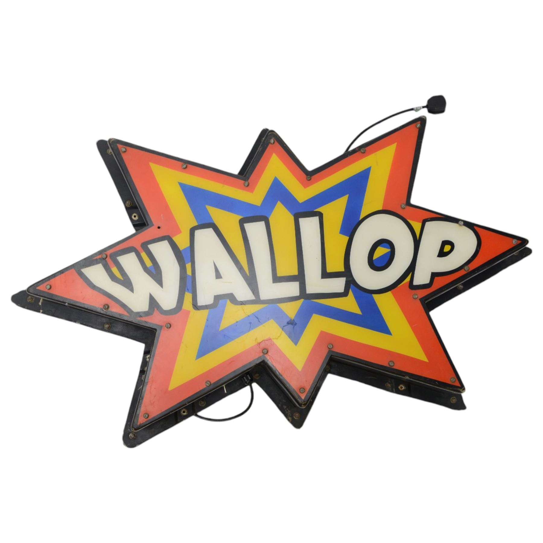 'Flash' 'Bang' and 'Wallop', set of three fibreglass and plastic illuminated signs H80cm W135ch D18cm (3) 
Provenance: previously part of the Blackpool Illuminations. Purchased by Drew Pritchard on the first ever day of filming the television program Salvage Hunters in 2011, and featured in the opening sequence of the first series. Purchased by Kane in the second programme, and mounted on top of 'The House'.