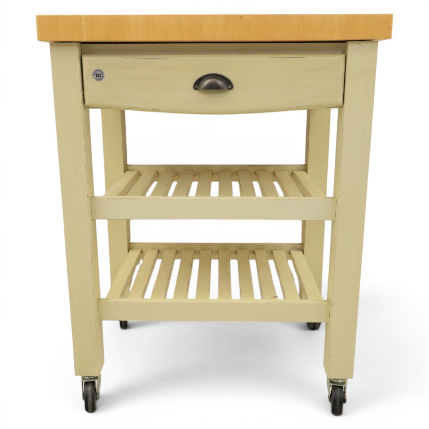 T & G Woodware - 'Pembroke Trolley' contemporary butchers block kitchen trolley, single drawer, two tiers of shelving raised on castors