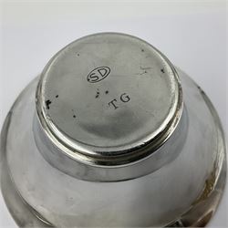 Modernist silver plated candelabra centrepiece by Stuart Devlin, with six pierced gilt branches supporting a central tapering cylindrical rose bowl and six fluted candle holders, with detachable star shaped gilt cover, stamped SD, TG to underside of central bowl, overall H17cm