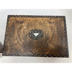 Walnut tea caddy of sarcophagus form, two division lidded interior with a later glass mixing bowl, upon four brass bun feet together with a walnut sewing box with mother of pearl inlaid decoration, tea caddy H16cm