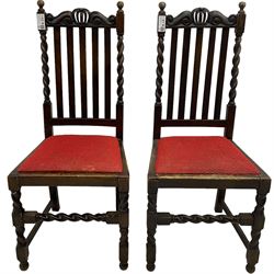 Set of four Edwardian stained beech dining chairs, shaped cresting rail over splat inlaid with trailing bell flowers, upholstered drop-in seat, on square tapering supports with spade feet; pair of Victorian oak dining chairs (6)