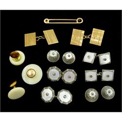 Pair of 9ct gold engine turned cufflinks, 9ct gold bar brooch and pairs marcasite and mother of pearl cufflinks and shirt studs