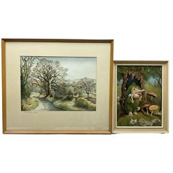 EJ Taylor (British 20th century): Woodland Troll with Fly Agaric, oil on board signed; M Richardson (British 20th century): 'Whitcliffe Lane', watercolour signed and titled max 34cm x 37cm (2)