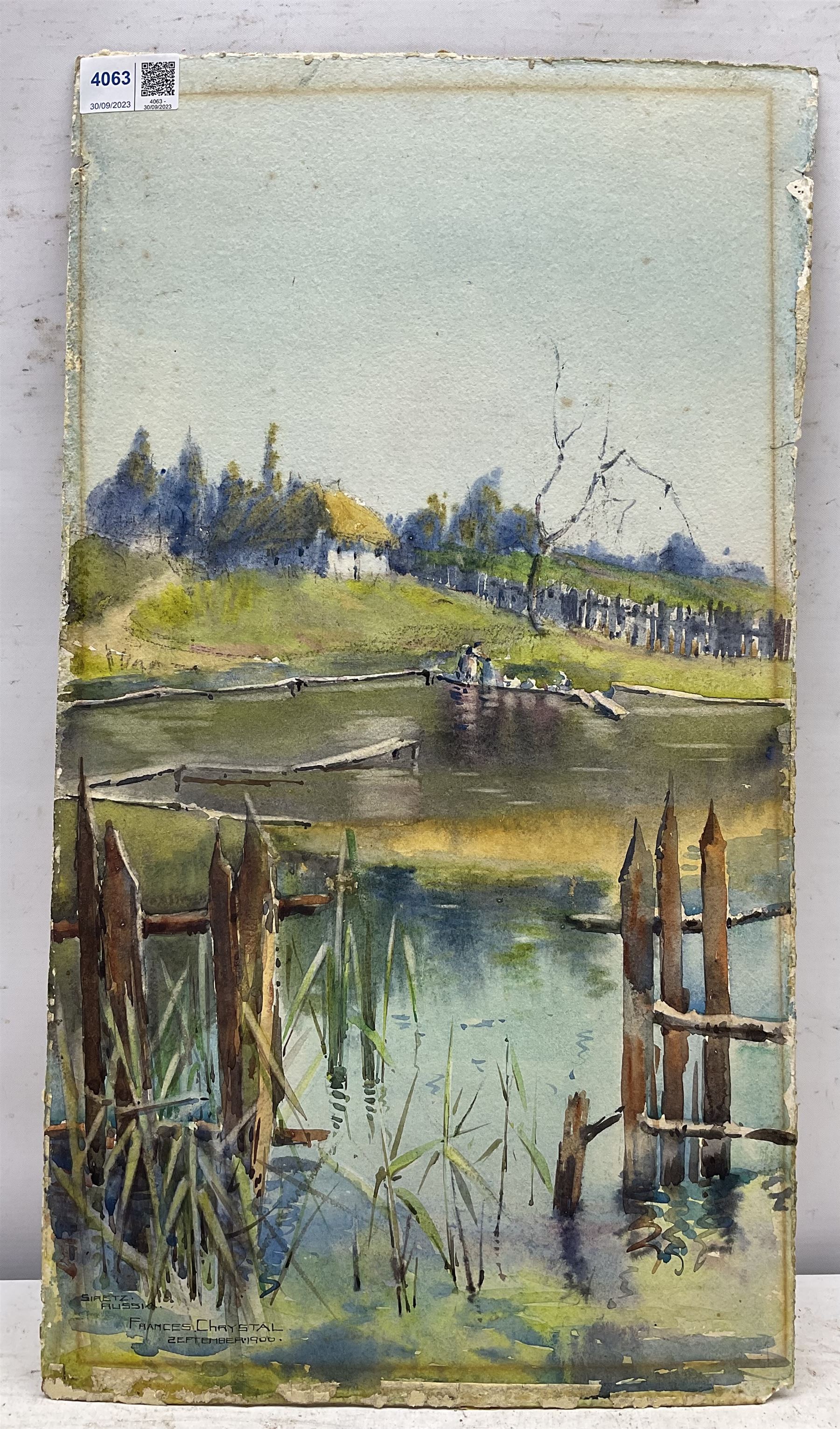 Frances A Chrystal (19th/20th century): 'Siretz Russia', watercolour signed titled and dated 1900, 49cm x 27cm; a similar landscape a study of a Milan Church window (unframed) (3)
Notes: Chrystal studied Manchester School of Art, one inscribed verso