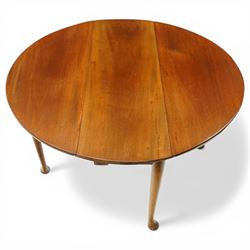 Mid 18th century mahogany pad foot drop leaf table, the circular top with gate leg action, freshly polished throughout