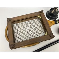 Walking cane, tennis racket, cricket ball (signed) and knight novelty cigarette lighter 