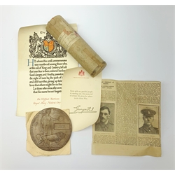 WW1 bronze memorial plaque to Wilfrid (Wilfred) Harrison of Whitby in issue envelope with note, together with scroll and note to Pte. Wilfred Harrison R.A.M.C. in card postal tube, newspaper cutting reporting the funeral with that of Pte. John Kipling also of Whitby; and war Graves certificate
