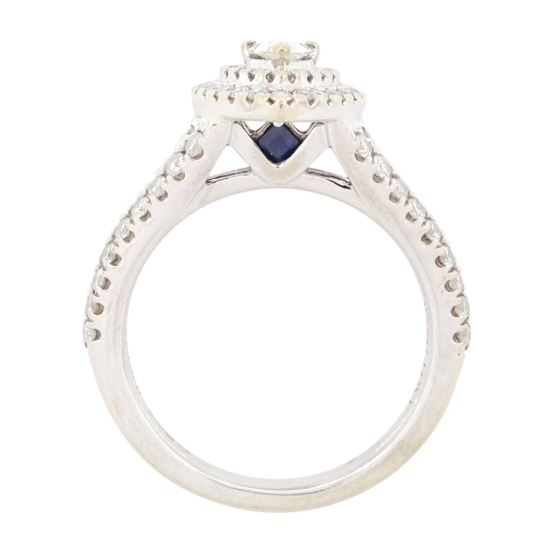 Vera Wang 18ct white gold diamond and sapphire 'Love' ring, single pear cut diamond, surrounded by two rows of round brilliant cut diamonds, split diamond set shoulders and sapphire set gallery, hallmarked, total diamond weight 0.95 carat