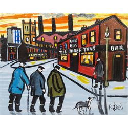 Phil Lewis (Northern British Contemporary): 'Old Codgers' Night Out at the Three Tuns Pub', oil on canvas signed, titled verso 20cm x 25cm (unframed)