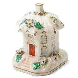 19th century Staffordshire fox head stirrup cup H12cm and a pastille burner in the form of a two storey cottage (2)