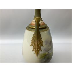 Early 20th century Royal Worcester vase decorated by Harry Davis, of ovoid form with twin acanthus mounted handles and waisted high neck supporting a domed cover, upon a circular foot, the body hand painted with sheep in a highland landscape, signed H Davis, with puce printed marks beneath including shape number 2425, and date code for 1907, H27.5cm