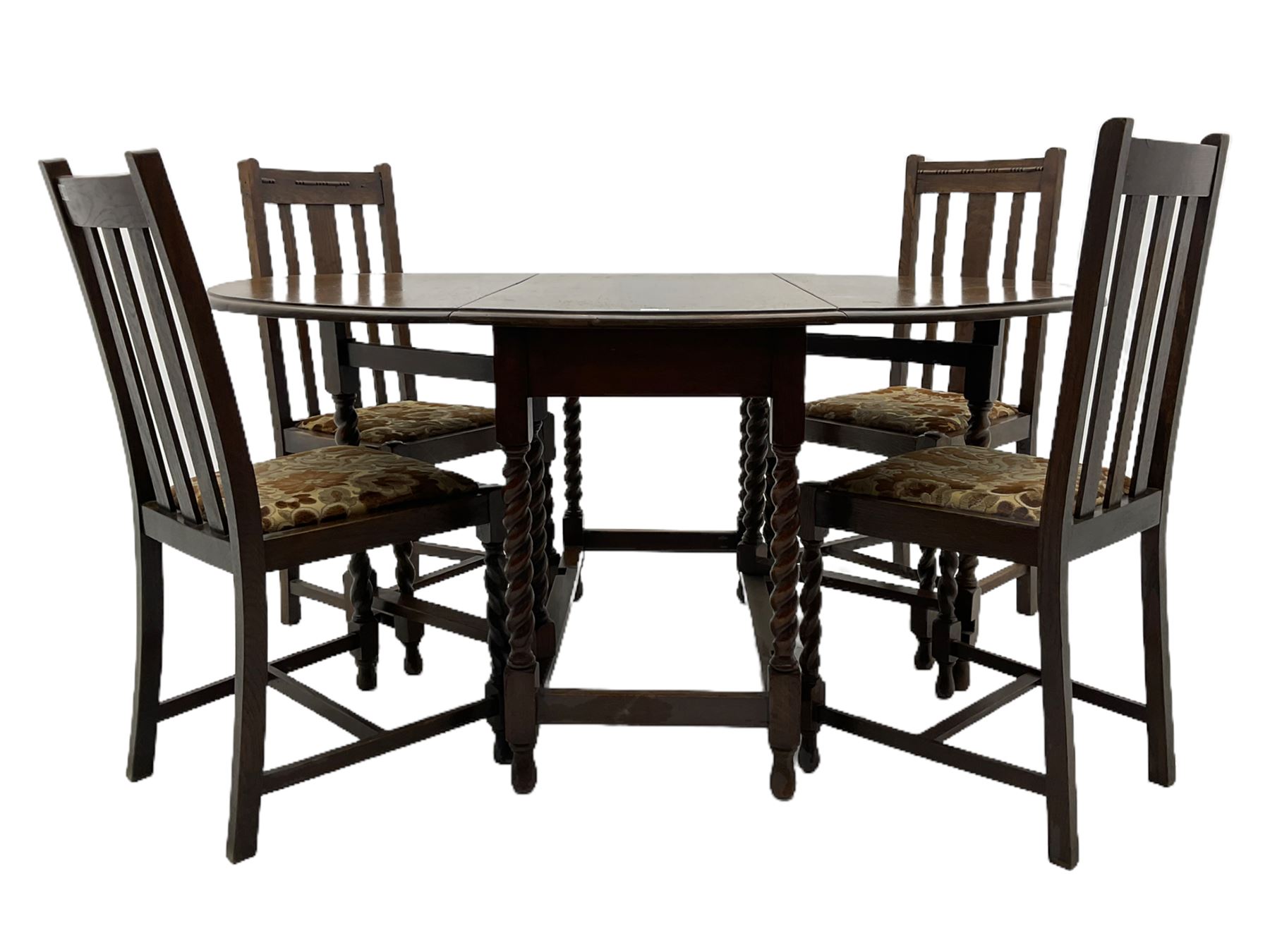 Early 20th century oak barley twist drop leaf dining table (105cm x 154cm, H74cm), and four chairs 