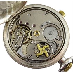 Late 19th century continental silver open face keyless minute repeating pocket watch, plunge repeat to the side, the case stamped 0.935, numbered 2594210 and impressed with a makers mark of an open hand, the inner dust cover with applied gold work depicting birds swimming along a river bank under a tree