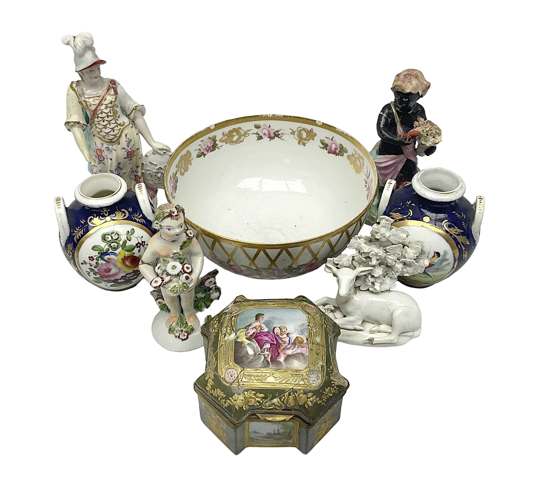 Group of 18th and 19th century ceramics for repair and restoration, to include an 18th century Derby figure emblematic of the Continent of Africa, pair of small 19th century Derby vases, painted with birds and floral spray, 19th century Derby slop bowl decorated in the 594 pattern with pink roses against gilt trellis, 19th century Derby figure of a recumbent deer, Serves style box, and two further figures