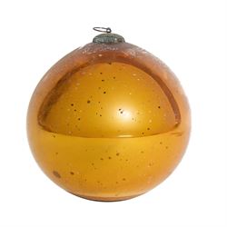 Two gold coloured glass witches ball, one with bottle neck, the other with metal hanging pendant, largest D18cm