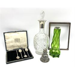 Decanter with hallmarked silver collar and glass stopper, silver mounted green glass vase, part set of hallmarked silver teaspoons and other miscellaneous items 