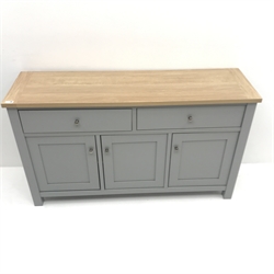Next Malvern grey and oak finish sideboard, two drawers above three cupboards, stile supports, W138cm, H81cm, D41cm