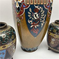 Pair of Japanese cloisonne Koro, decorated with colourful flower head motifs and raised on three feet, missing covers, together with a cloisonne vase, vase H30cm