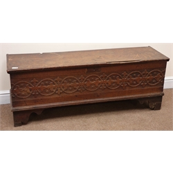  19th century oak blanket/sword plank chest, hinged lid, blind fret work sides, shaped bracket supports, W127cm, H47cm, D39cm  