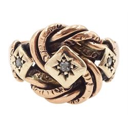 Early 20th century 9ct rose gold three stone old cut and rose cut diamond knot ring, Birmingham 1919