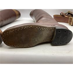 Pair of WW1 style Army Officer's brown leather full leg riding boots with Alkit four-piece wooden boot trees; and two officer's Sam Browne leather belts with cross-straps, one with sword frog (4)
