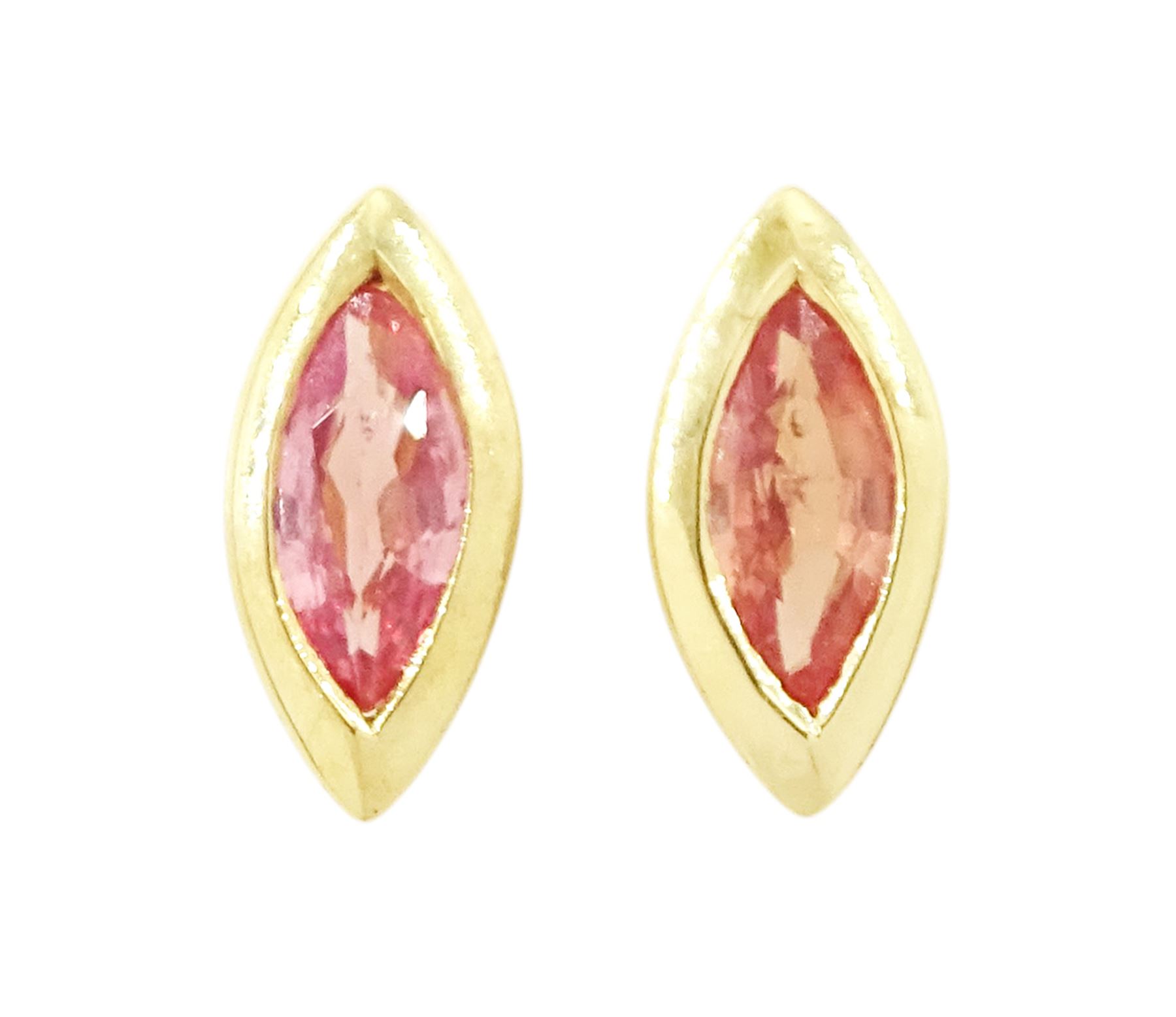 Pair of 18ct gold padparadscha sapphire earrings, each stud bezel set with a single marquise cut sapphire, Birmingham 2006, total weight approx 0.45 carat