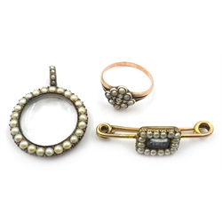  Victorian seed pearl and diamond rose gold ring, similar brooch and pendant locket  