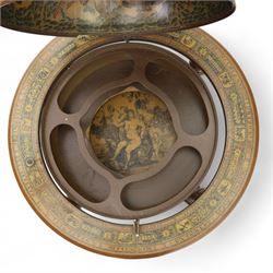 20th century Italian design drinks globe, the hinged celestial printed sphere enclosing a fitted bottle and glass compartment, circular base decorated with zodiac signs and mounted on turned supports with castors