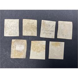 Seven Great Britain Queen Victoria penny black stamps, three with black and four with red MX cancels