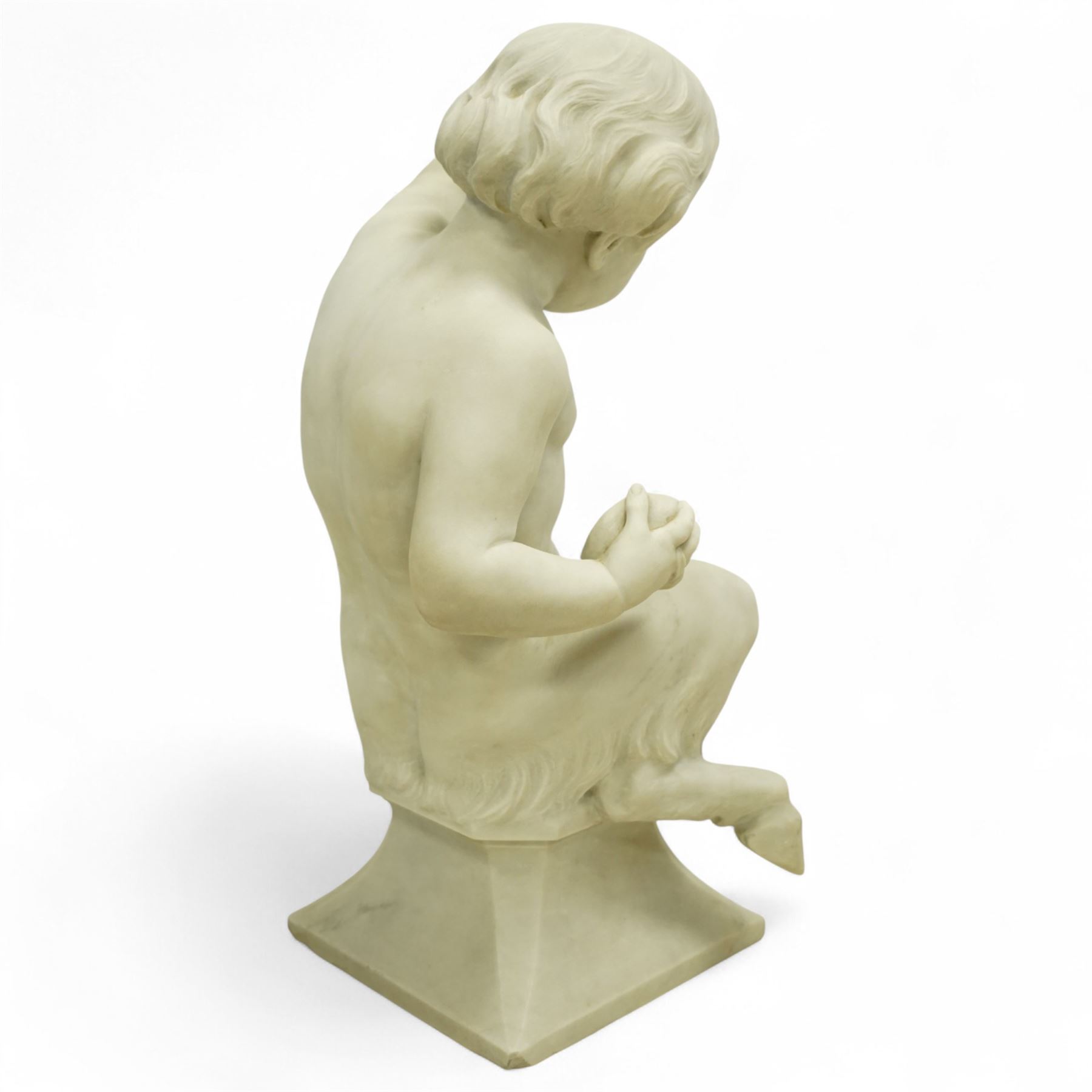 Follower of Claude Michel Clodion (French 1738-1814): The Putti-Faun Orchestra - set of four Italian carved white marble figures of child satyrs as musicians, each finely carved figure depicting a seated putto-faun with youthful features and small goat’s legs and cloven feet, variously playing rustic instruments: a syrinx (Panpipes), a flute, a tambourine and clappers - each raised on an integral waisted square plinth, Italian, circa 1900

Provenance: Kirkham Hall

Notes: Inspired by the rustic god Pan and his followers, these putti-fauns reflect the late-19th-century revival of classical themes popular with Grand Tour collectors; their instruments evoke the god Pan’s pastoral music, while the carving and  composition exemplify the appeal of bacchic subjects in the Italian neoclassical tradition