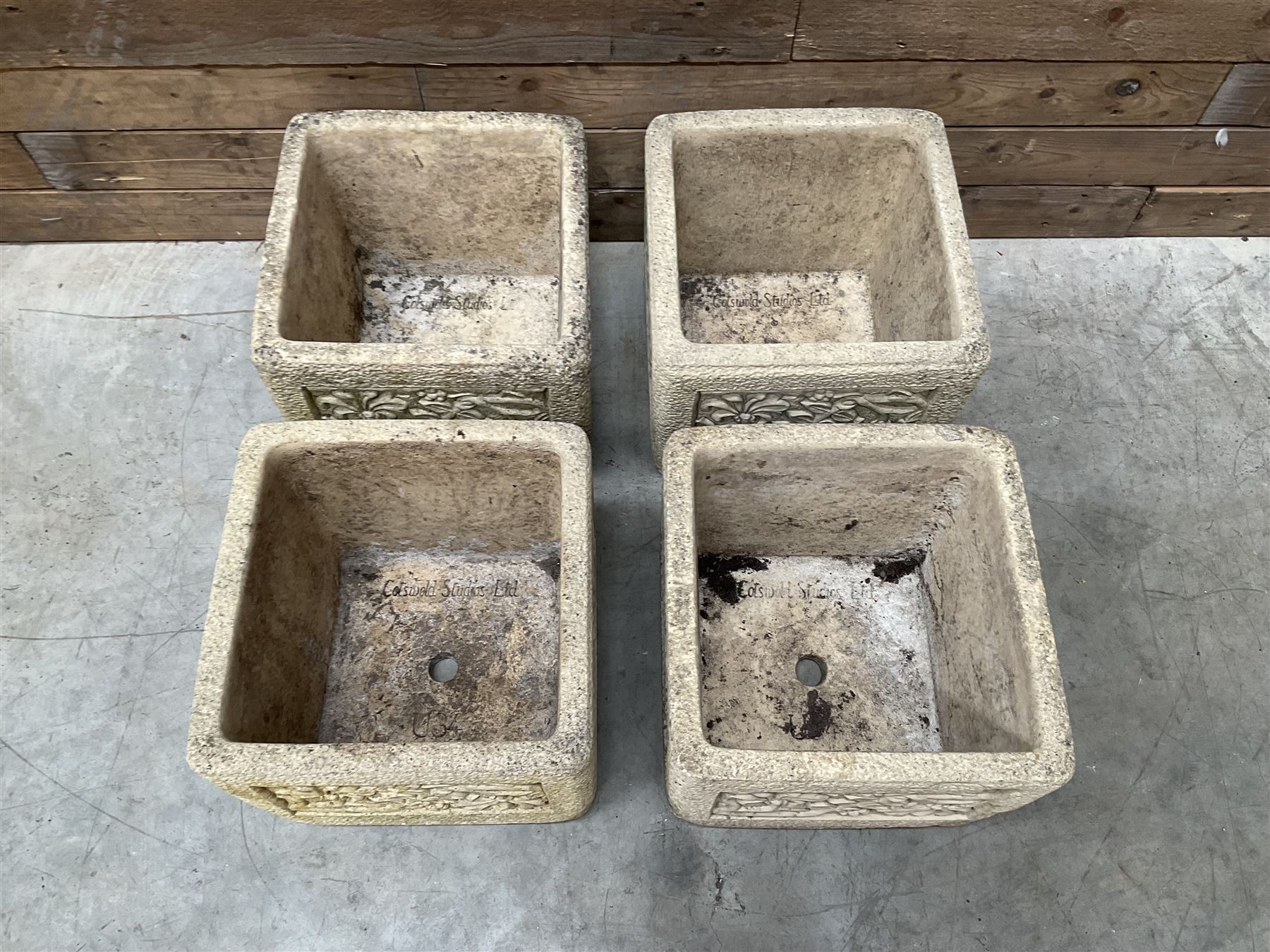Set four Cotswold Studios Ltd square cast stone garden planters 