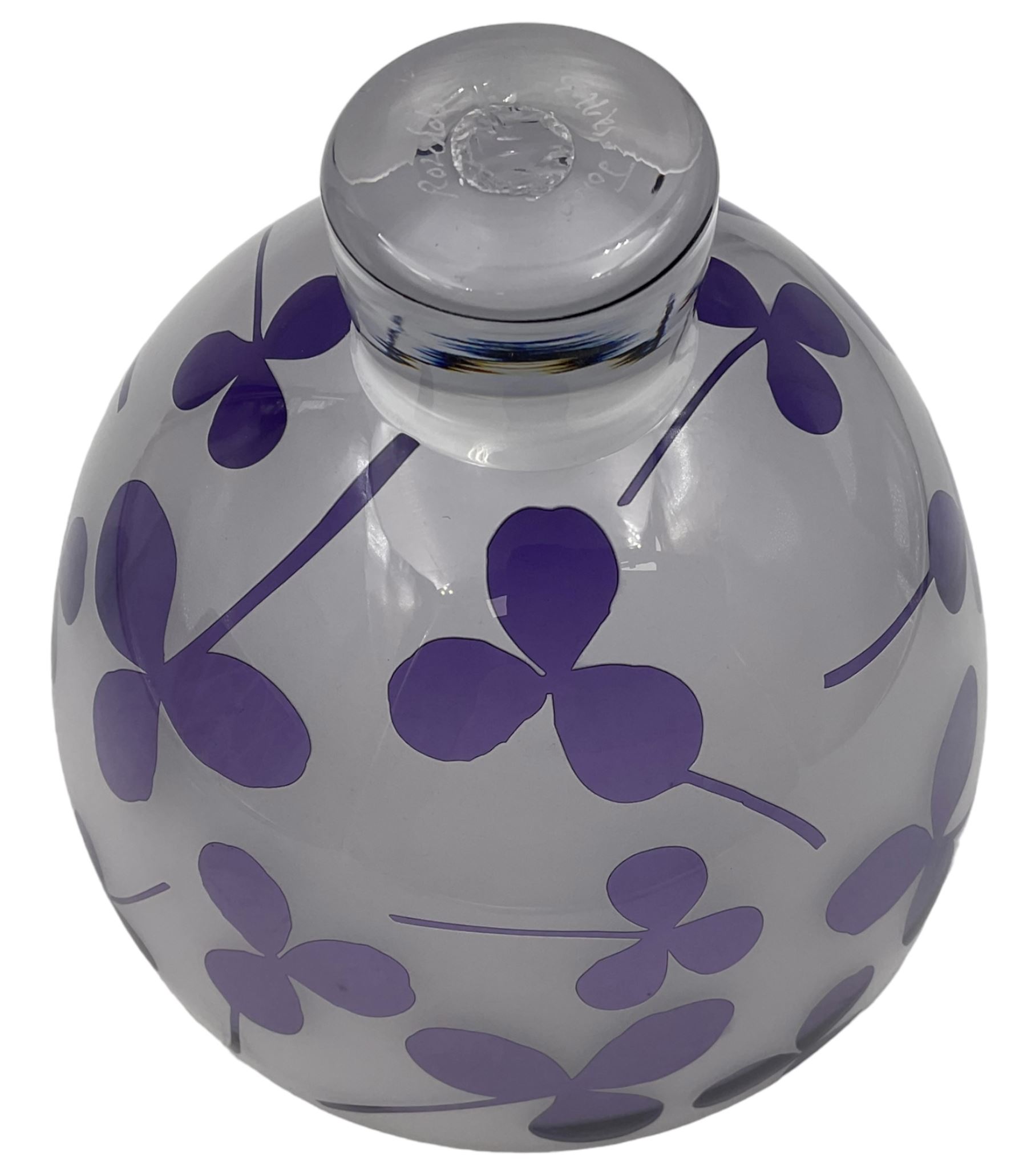 Gillies Jones of Rosedale glass bowl decorated with purple clovers,  upon a short clear tapering foot, signed to base, H16cm D18.5cm