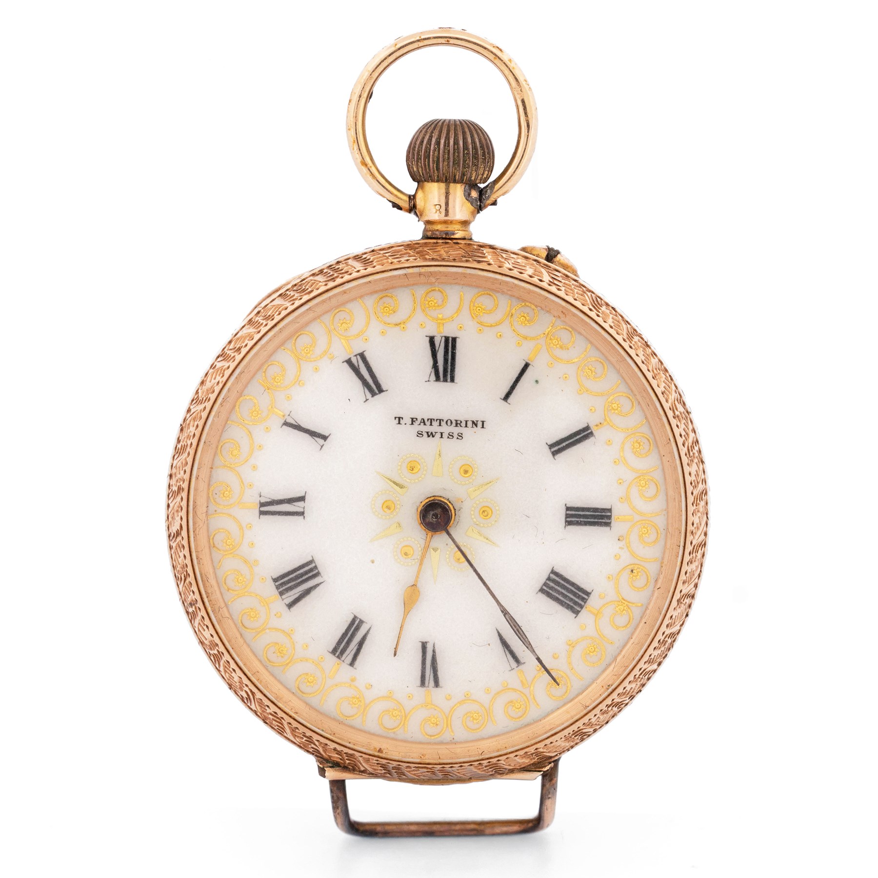 Early 20th century 12ct gold open face cylinder fob watch, white enamel dial with Roman numeral hour markers and gold decoration, retailed by T. Fattorini, with 9ct rose gold lug attachment, case with engraved foliate decoration and empty cartouche by Stockwell & Co, London import mark 1909