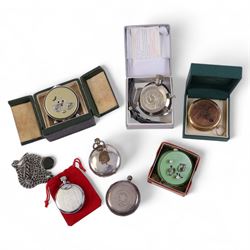 Open faced silver cased pocket watch, together with hunter pocket watch, albert chain, Ebosa clock, etc