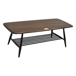 Lucian Ercolani for Ercol - mid-20th century elm 'Windsor' coffee table, rectangular top with rounded corners and chamfered edge, over an integral slatted undertier, on splayed tapering supports
