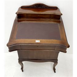 Early 20th century davenport, raised shaped back, leather inset writing slope, three real and three faux drawers 
