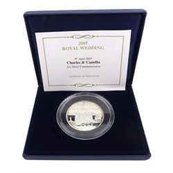 Charles and Camilla 2005 'Royal Wedding' fine silver commemorative medallion, approximately 61.58 grams, cased with certificate