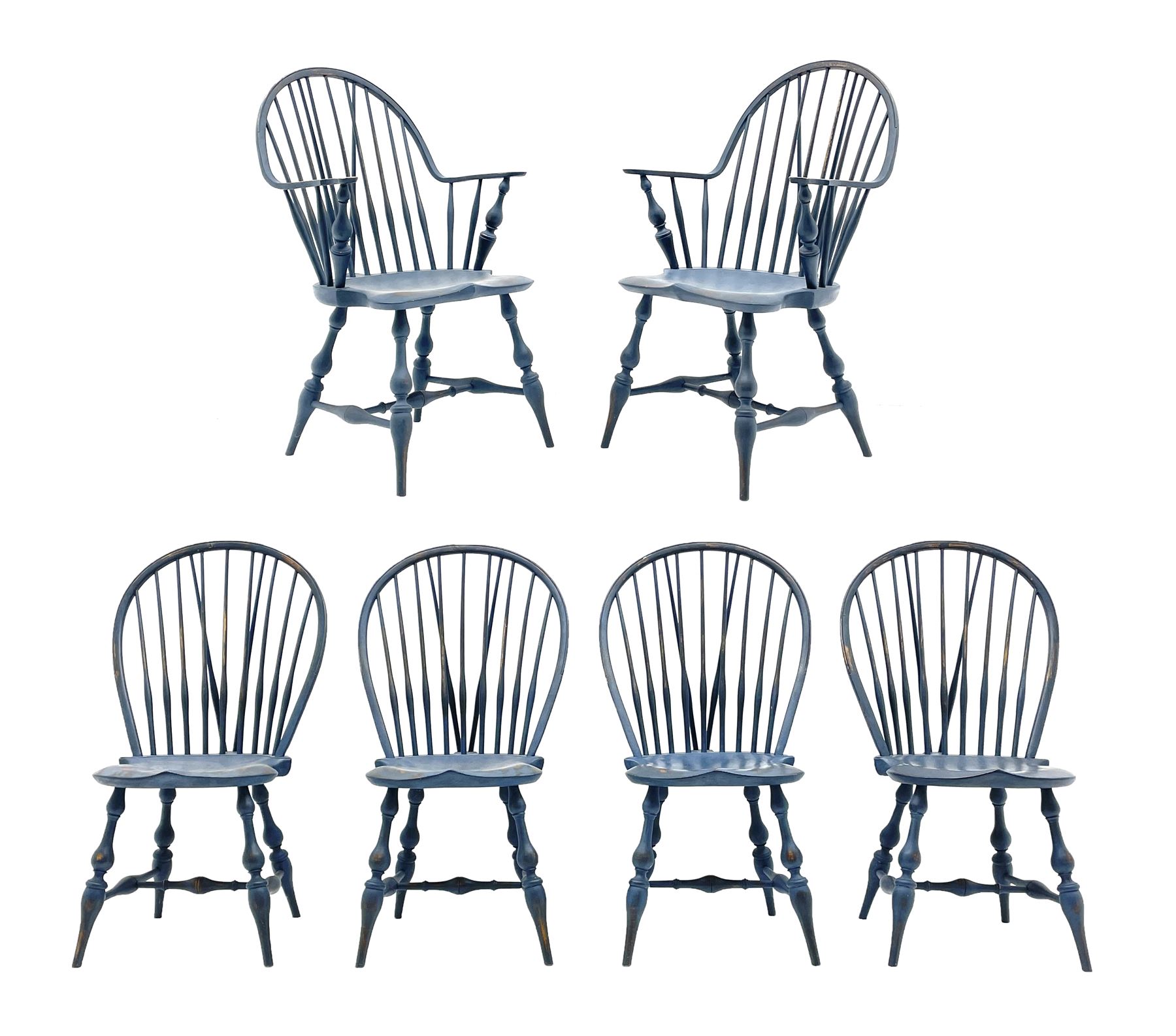 D.R. Dimes Furniture - set six American Windsor dining chairs, hoop and stick back on dished saddle seats, turned supports jointed by H stretchers, stamped underneath 'D.R.Dimes', two carvers and four side chairs