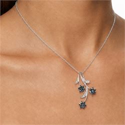 9ct white gold blue and white diamond flower pendant necklace, hallmarked