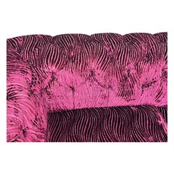 Contemporary Chesterfield design two-seat sofa, upholstered in fuchsia crushed velvet with a ribbed and tufted design, the rolled arms and deep-buttoned backrest raised on square block supports