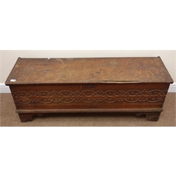  19th century oak blanket/sword plank chest, hinged lid, blind fret work sides, shaped bracket supports, W127cm, H47cm, D39cm  
