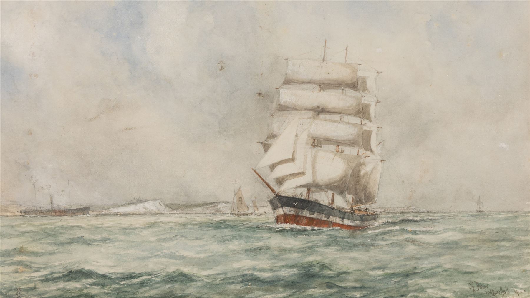 William Minshall Birchall (American 1884-1941): 'Off Dover', watercolour signed titled and dated 1912, 17cm x 30cm