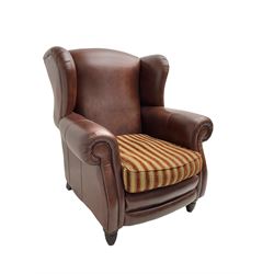 Gainsborough Lounge Suites - three piece leather and fabric lounge suite - pair two seat sofas (W225cm, H82cm, D105cm), and matching armchair (W88cm), on turned front feet with scatter cushions