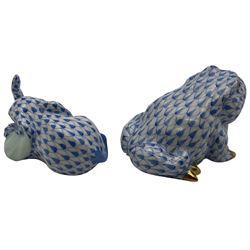Two Herend fishnet blue figures, comprising toad and resting elephant, H5cm