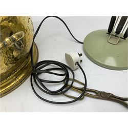 Anglepoise lamp in green, together with a brass coal scuttle and fire tongs 