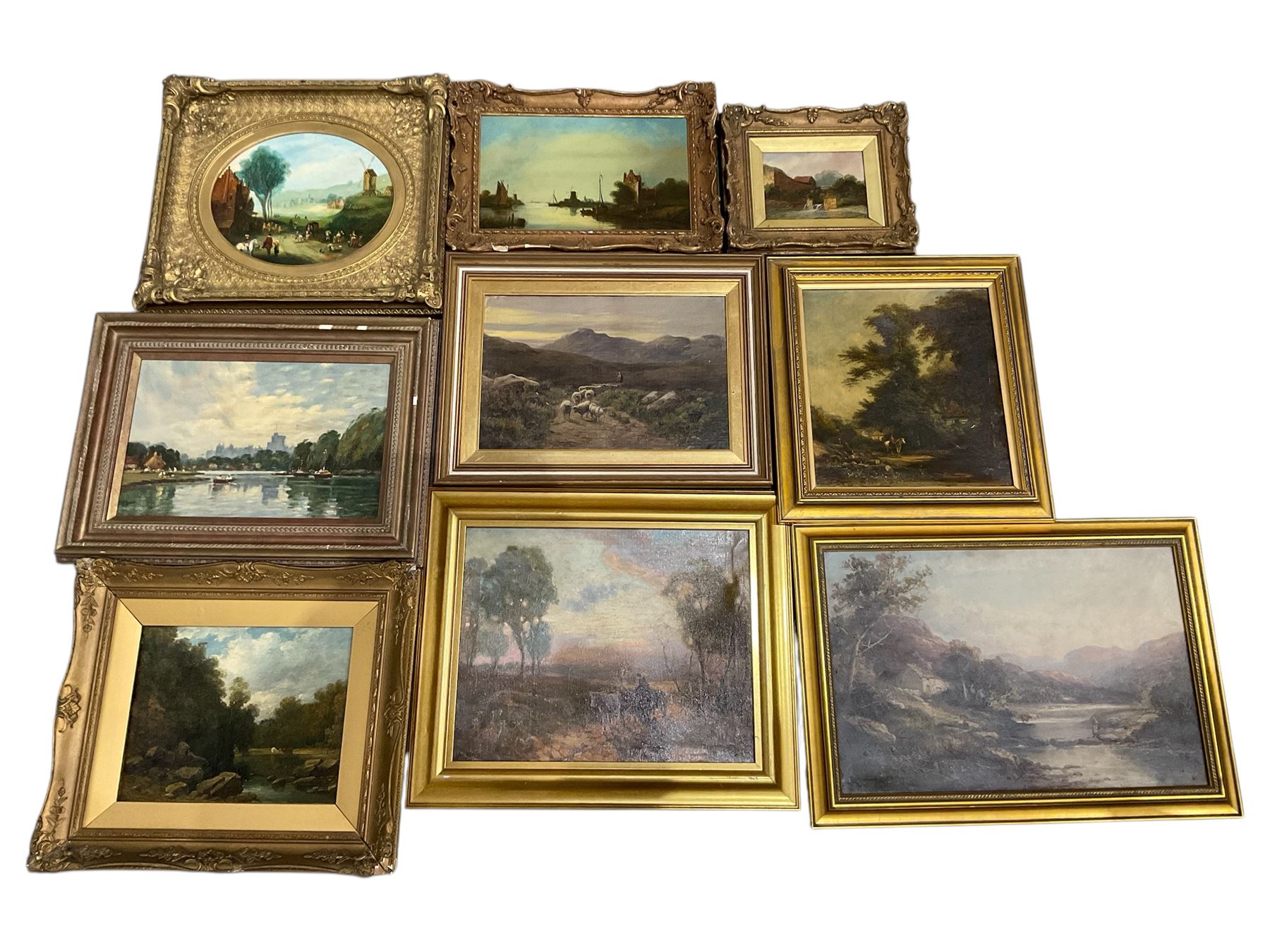 Tom Seymour (British 1840-1904): Riverside Cottage, oil on canvas signed, together with eight further landscape oils by other hands (9)