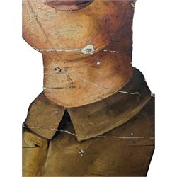 Military Outfitters hand painted life size wooden cut out figure of a WW1 soldier standing at ease holding a gun by his side, marked Stening Signs; hardboard on planked frame H199cm