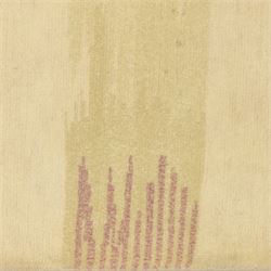 Rugs by Design - ‘Sand Bar’ Nepalese thick pile wool rug, with abstract horizontal bands in cream, blue, camel and dark brown tones, centred by a narrow multicoloured vertical stripe
