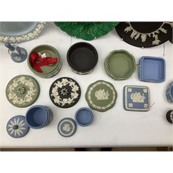 Collection of Wedgwood, to include queensware pattern fluted vase and plate, green majolica leaf dish, Jasperware in blue, green and black, to include covered trinket boxes, vases, plates etc   
